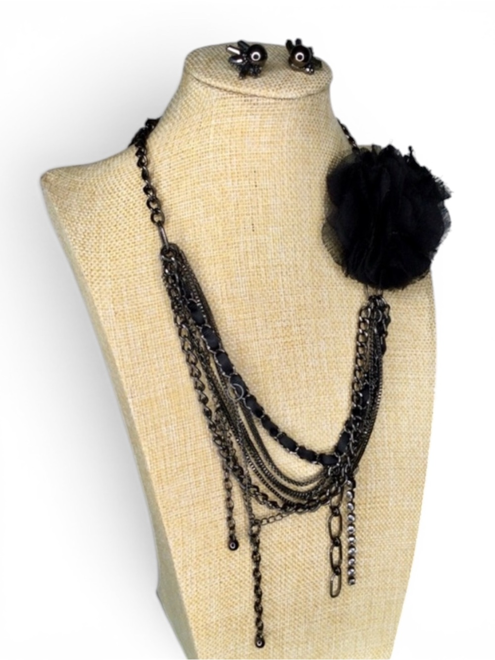 Vtg Y2K Gothic Romantic Black Multi‑Chain Necklace & Coordinating Earrings Set - Picture 3 of 12